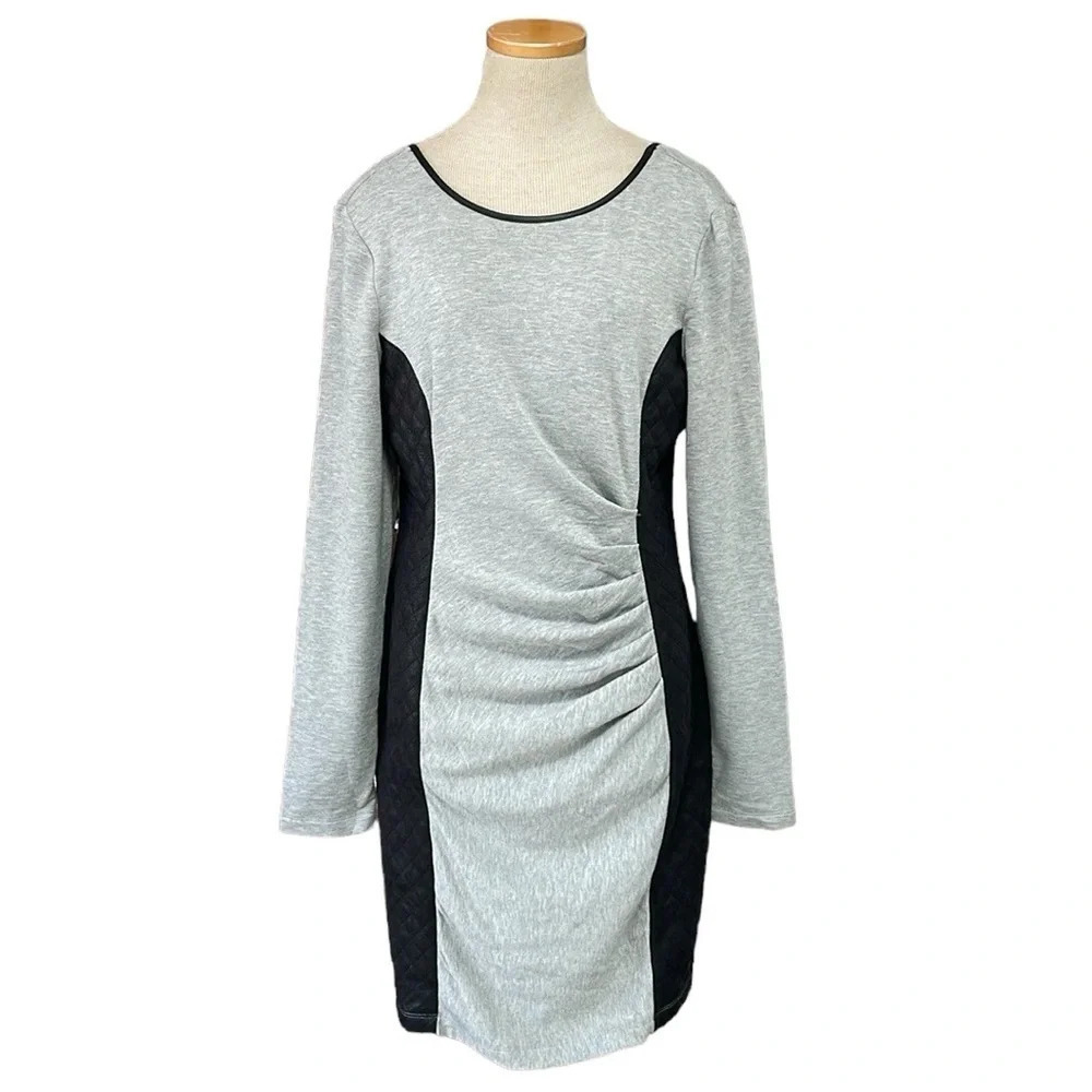 Tart Dress Womens L Large Grey Black Long Sleeve Sheath Knee Length Faux Leather